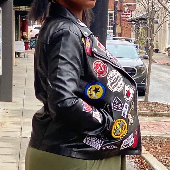 Faux Leather Motorcycle Jacket with Patches - Picture 2 of 4